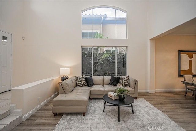 living room featuring a high ceiling, baseboards, and wood finished floors