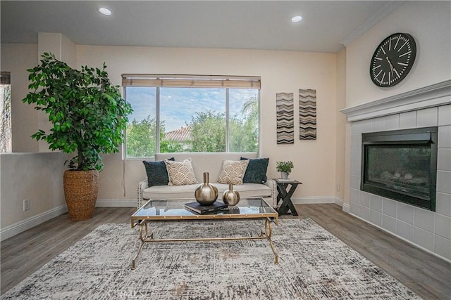 living room with a fireplace, baseboards, wood finished floors, and recessed lighting