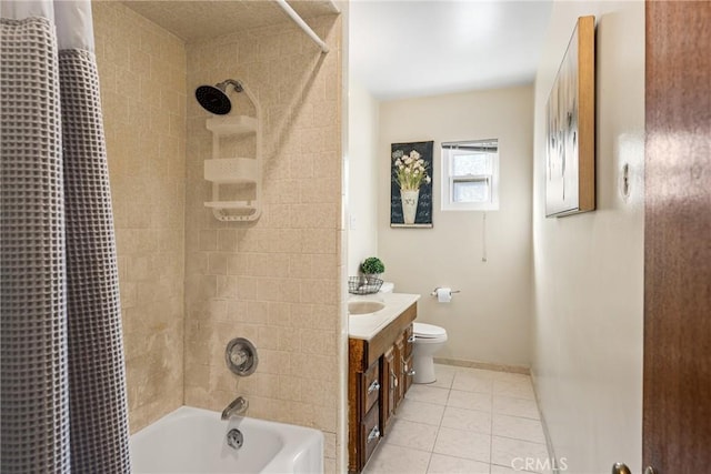 full bath with toilet, tile patterned floors, vanity, baseboards, and shower / tub combo with curtain