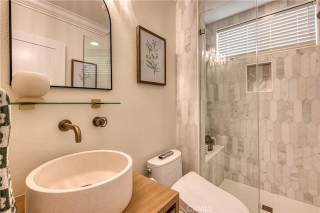 full bath featuring a sink, a shower stall, and toilet