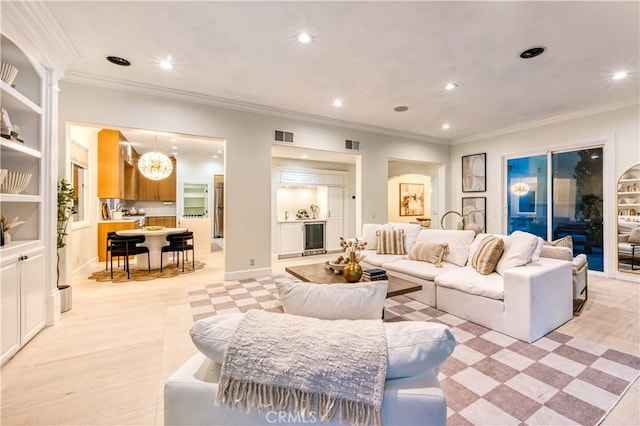 living room featuring recessed lighting, visible vents, beverage cooler, and crown molding