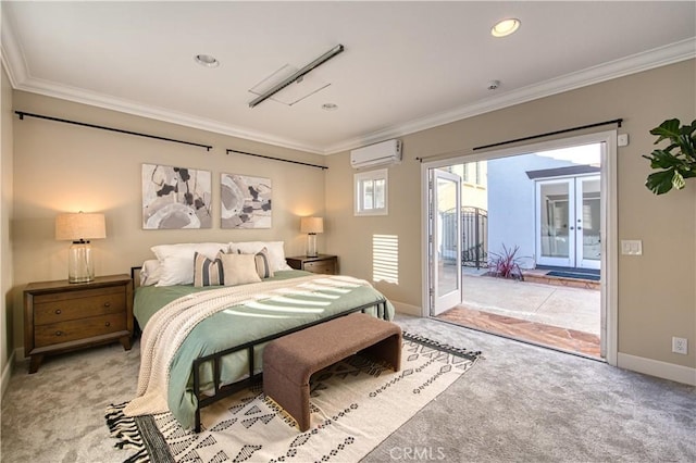 bedroom with ornamental molding, access to outside, and a wall mounted air conditioner