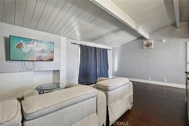 living area featuring dark wood-type flooring, wooden ceiling, vaulted ceiling with beams, and baseboards