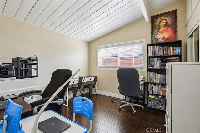 office space with dark wood-style flooring, wooden ceiling, lofted ceiling with beams, and baseboards