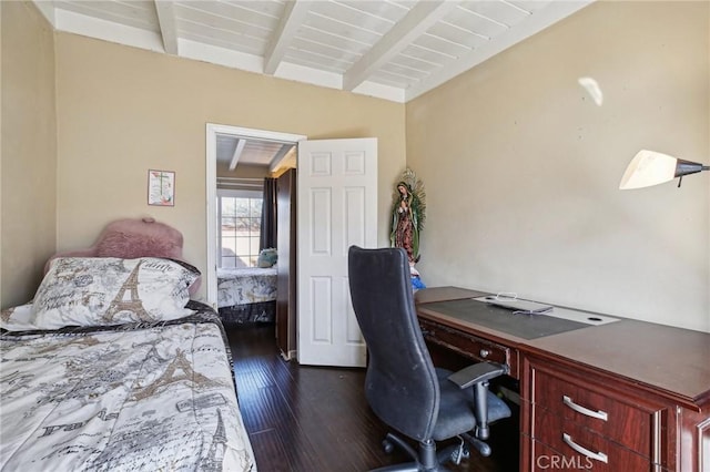 bedroom featuring dark wood-style flooring and vaulted ceiling with beams