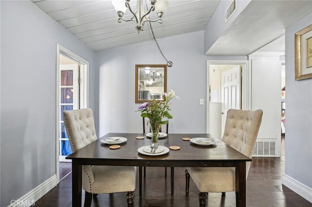 dining area featuring lofted ceiling, an inviting chandelier, dark wood-style floors, and visible vents