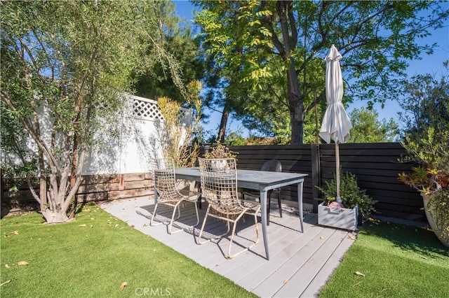 5910 Pat Ave, Woodland Hills, CA 91367 - view of patio / terrace with a wooden deck, outdoor dining area, and a fenced backyard