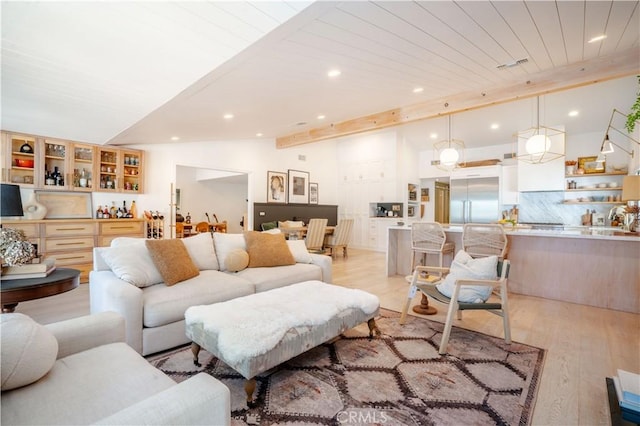 5910 Pat Ave, Woodland Hills, CA 91367 - living room featuring recessed lighting, visible vents, wood ceiling, light wood-style floors, and vaulted ceiling with beams