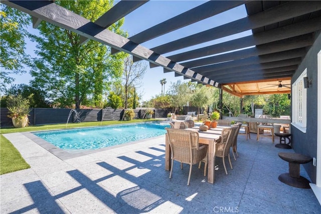 view of pool featuring ceiling fan, a patio, outdoor dining area, a fenced backyard, and a fenced in pool