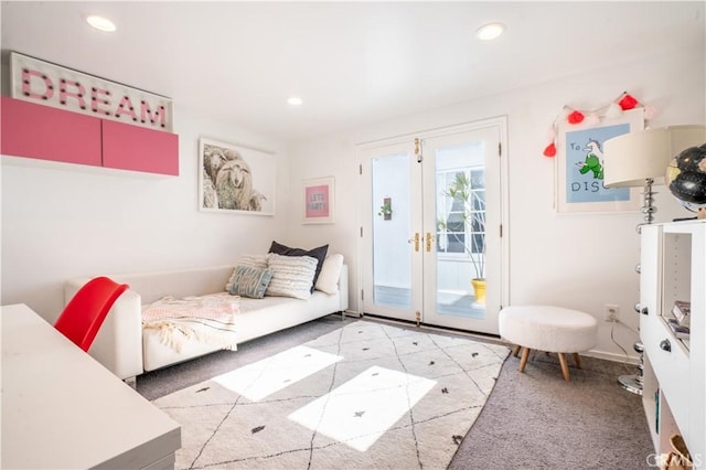 bedroom with french doors, recessed lighting, light carpet, access to outside, and baseboards