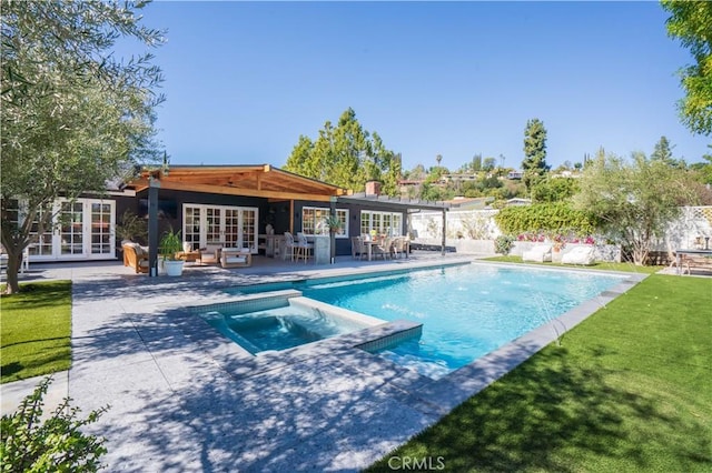 5910 Pat Ave, Woodland Hills, CA 91367 - view of swimming pool with fence, a patio, french doors, and a lawn