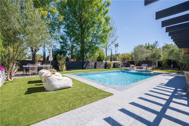 view of pool featuring a fenced in pool, a patio area, a fenced backyard, and a yard