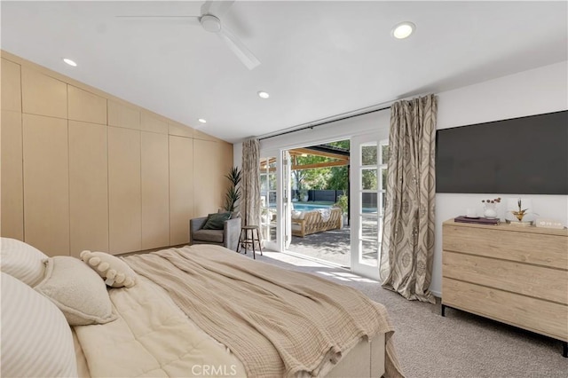 5910 Pat Ave, Woodland Hills, CA 91367 - carpeted bedroom with access to exterior, lofted ceiling, recessed lighting, and ceiling fan