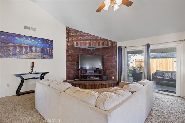 living area featuring light colored carpet, a ceiling fan, baseboards, vaulted ceiling, and visible vents