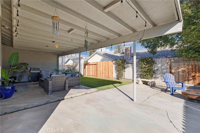 view of patio / terrace featuring a fenced backyard and an outdoor hangout area