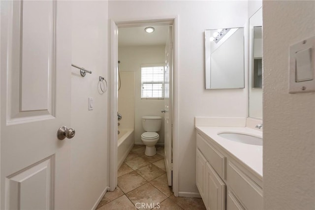 full bathroom with baseboards, toilet, tile patterned floors, bathtub / shower combination, and vanity