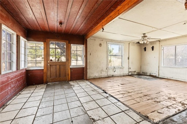 interior space featuring wood ceiling and a ceiling fan