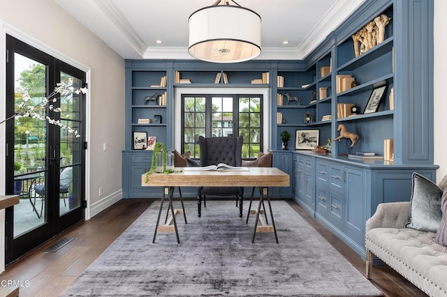 office area featuring french doors, visible vents, crown molding, and dark wood-style flooring