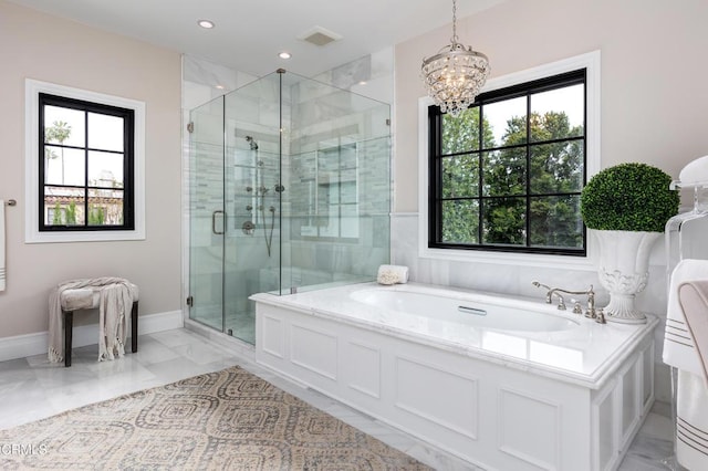 full bathroom featuring baseboards, marble finish floor, a shower stall, a bath, and recessed lighting