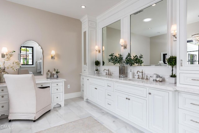 full bathroom featuring marble finish floor, double vanity, a sink, and visible vents