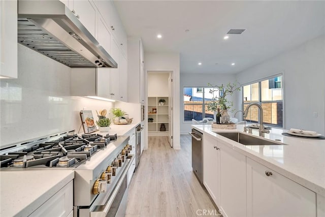 kitchen featuring white cabinetry, appliances with stainless steel finishes, extractor fan, and a sink