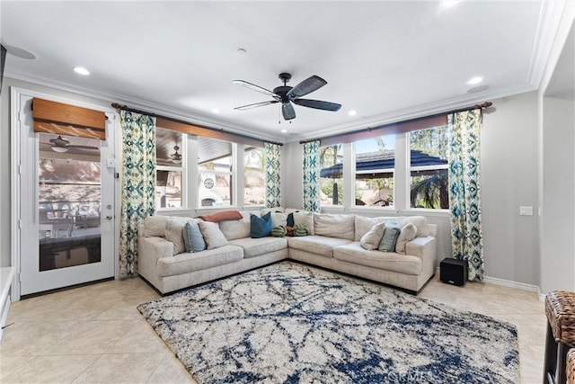 living room featuring light tile patterned floors, a ceiling fan, crown molding, and recessed lighting