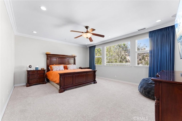 bedroom with light carpet, visible vents, and crown molding