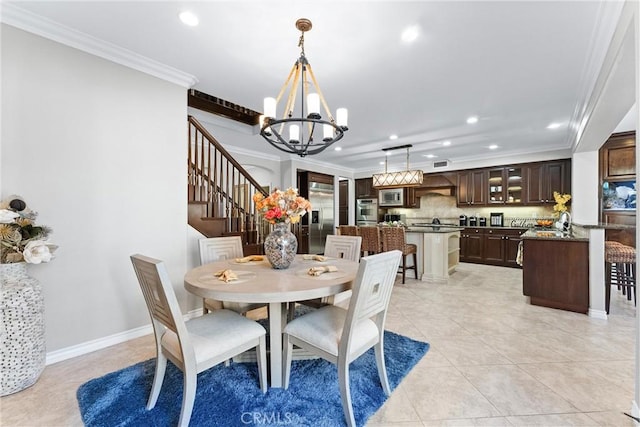 dining area featuring a chandelier, ornamental molding, light tile patterned floors, and recessed lighting