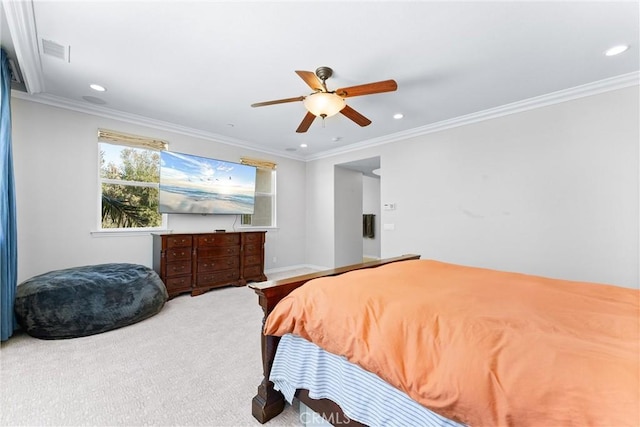 bedroom with visible vents, crown molding, and recessed lighting