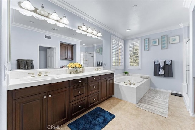 full bath featuring a shower stall, visible vents, a sink, and ornamental molding