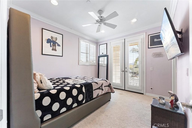 bedroom featuring light carpet, access to outside, multiple windows, and crown molding