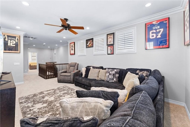 carpeted living area featuring recessed lighting, visible vents, and crown molding