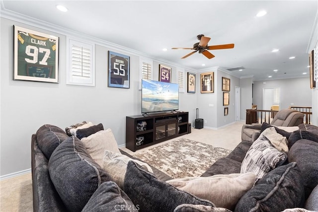 living room with crown molding, baseboards, carpet flooring, and recessed lighting