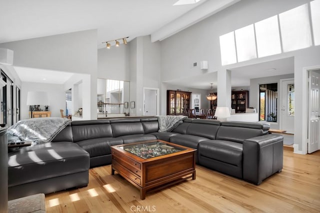 living room featuring rail lighting, light wood-style flooring, and vaulted ceiling