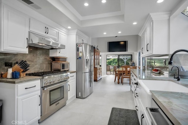 kitchen featuring a tray ceiling, stainless steel appliances, tasteful backsplash, white cabinetry, and ventilation hood