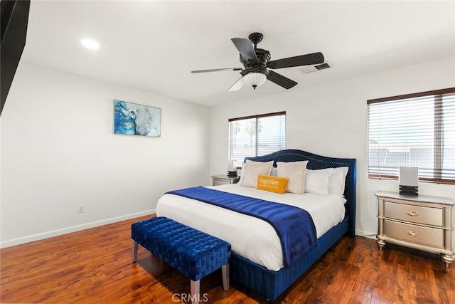 bedroom with recessed lighting, visible vents, ceiling fan, wood finished floors, and baseboards