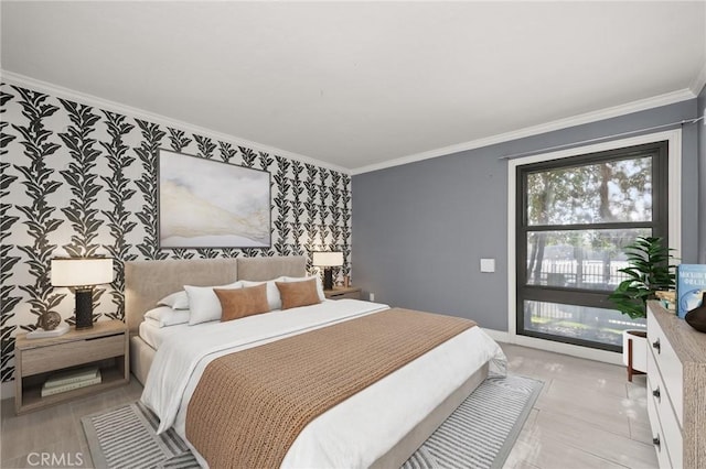 bedroom featuring wallpapered walls and crown molding