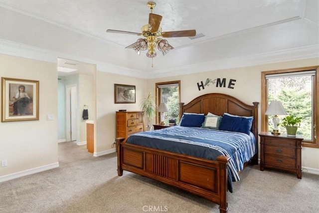 bedroom featuring light carpet, multiple windows, baseboards, and a raised ceiling