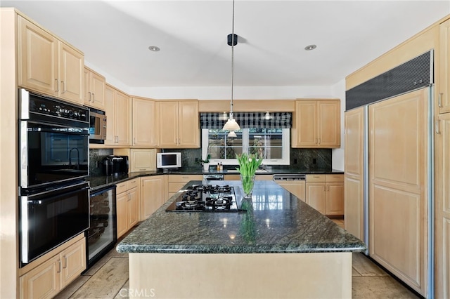 kitchen with wine cooler, hanging light fixtures, backsplash, a kitchen island, and black appliances