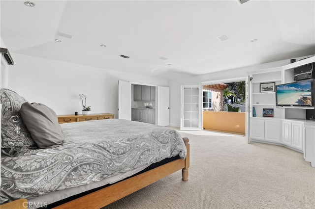 bedroom with recessed lighting, visible vents, and light colored carpet