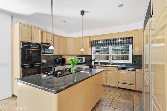 kitchen featuring a sink, hanging light fixtures, a kitchen island, and paneled appliances