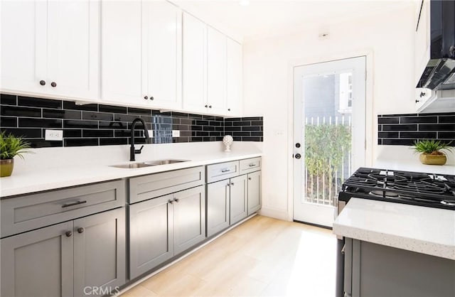 kitchen featuring light wood finished floors, gray cabinets, a sink, and decorative backsplash