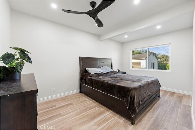 bedroom with baseboards, light wood-style flooring, ceiling fan, beam ceiling, and recessed lighting