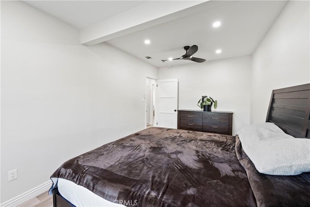 bedroom featuring recessed lighting, a ceiling fan, baseboards, visible vents, and beamed ceiling