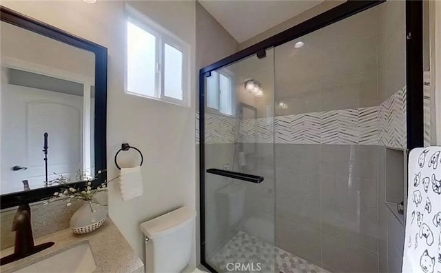 full bathroom featuring a stall shower, vanity, and toilet