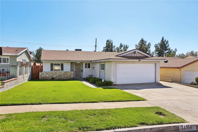 ranch-style house featuring concrete driveway, stucco siding, an attached garage, fence, and a front yard