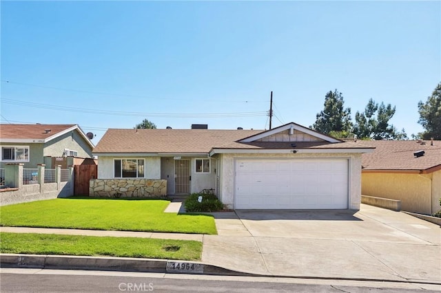 single story home featuring stucco siding, concrete driveway, an attached garage, a front yard, and fence