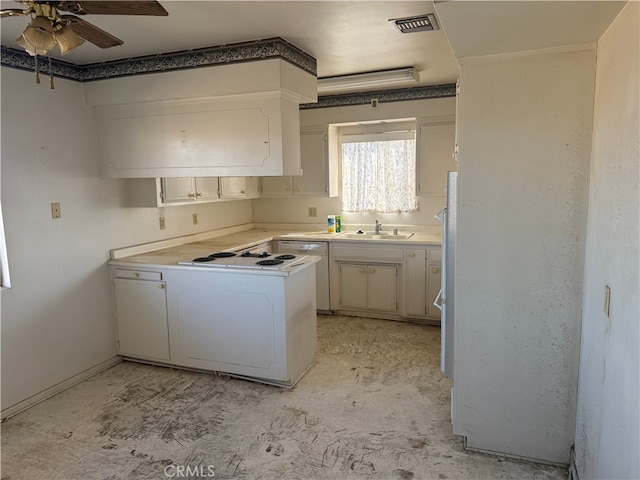 kitchen with a sink, a ceiling fan, visible vents, light countertops, and white electric cooktop