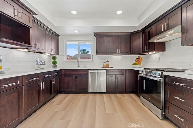 kitchen with light wood-style flooring, a tray ceiling, stainless steel appliances, under cabinet range hood, and a sink