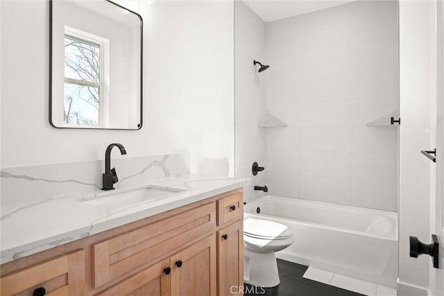 full bathroom featuring toilet,  shower combination, and vanity